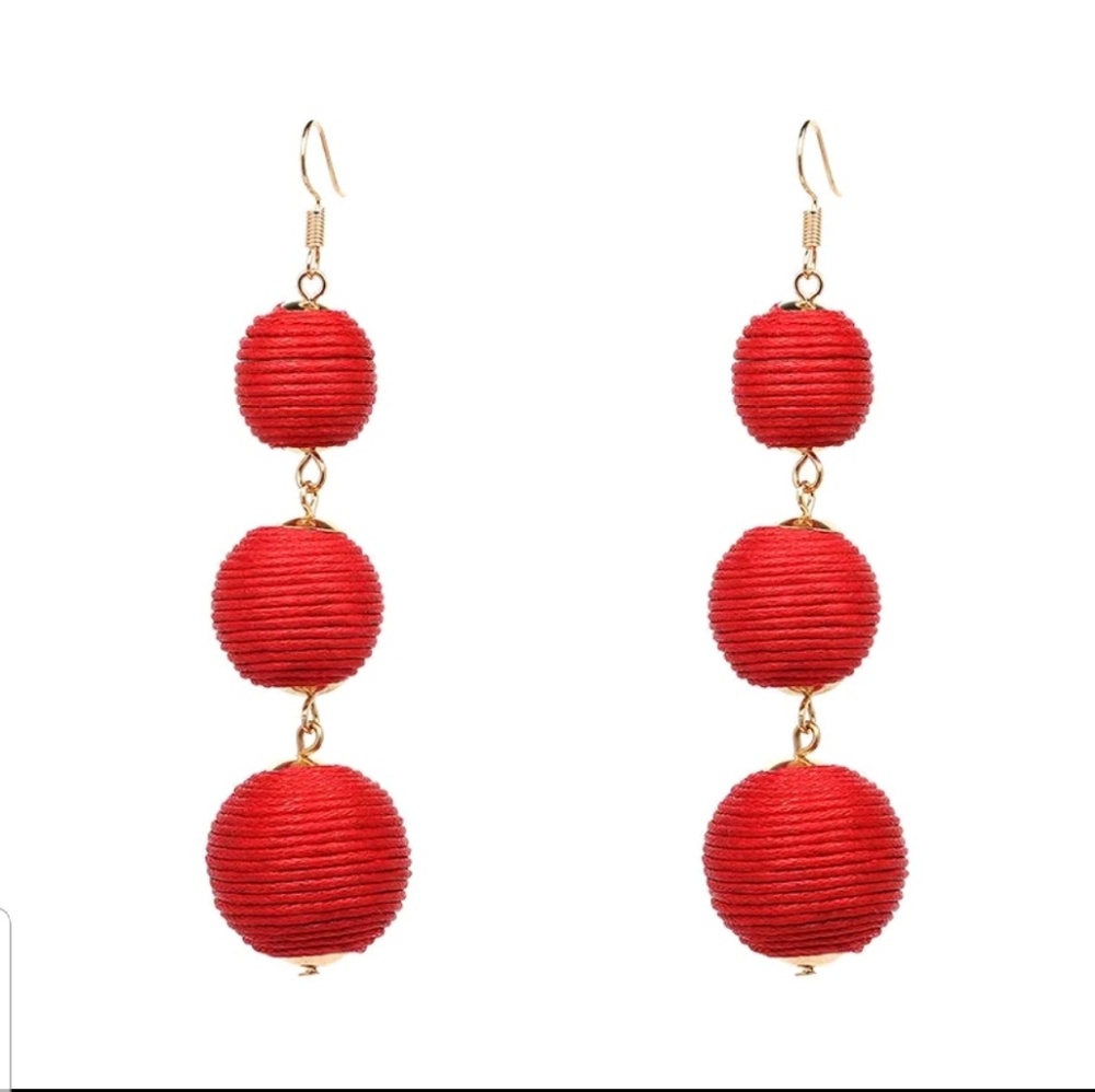 Bohemian Triple Ball Tassel Earrings Red